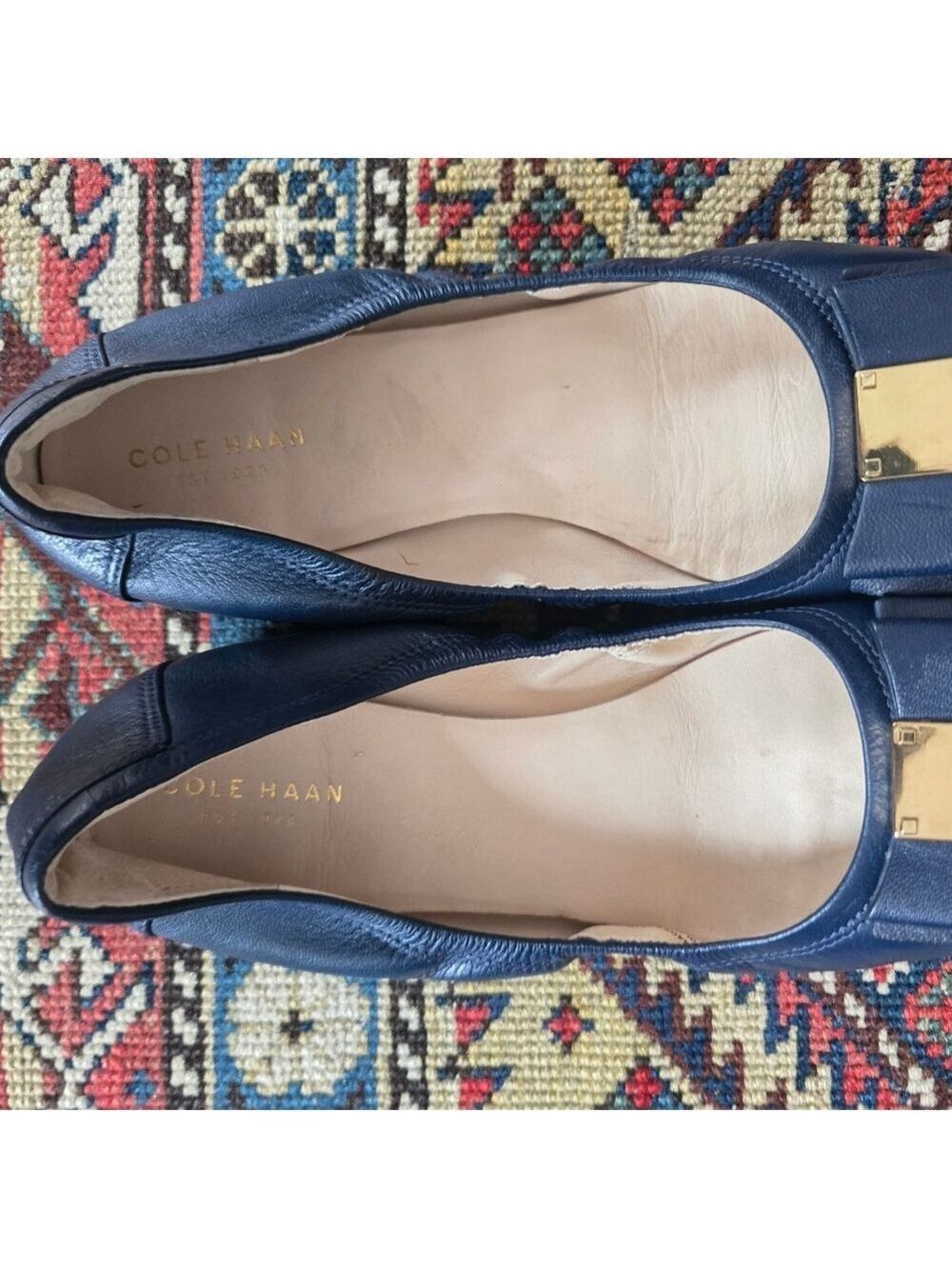 Cole Haan Emory Navy Leather Bow Gold Logo Ballet Flats - Picture 12 of 14